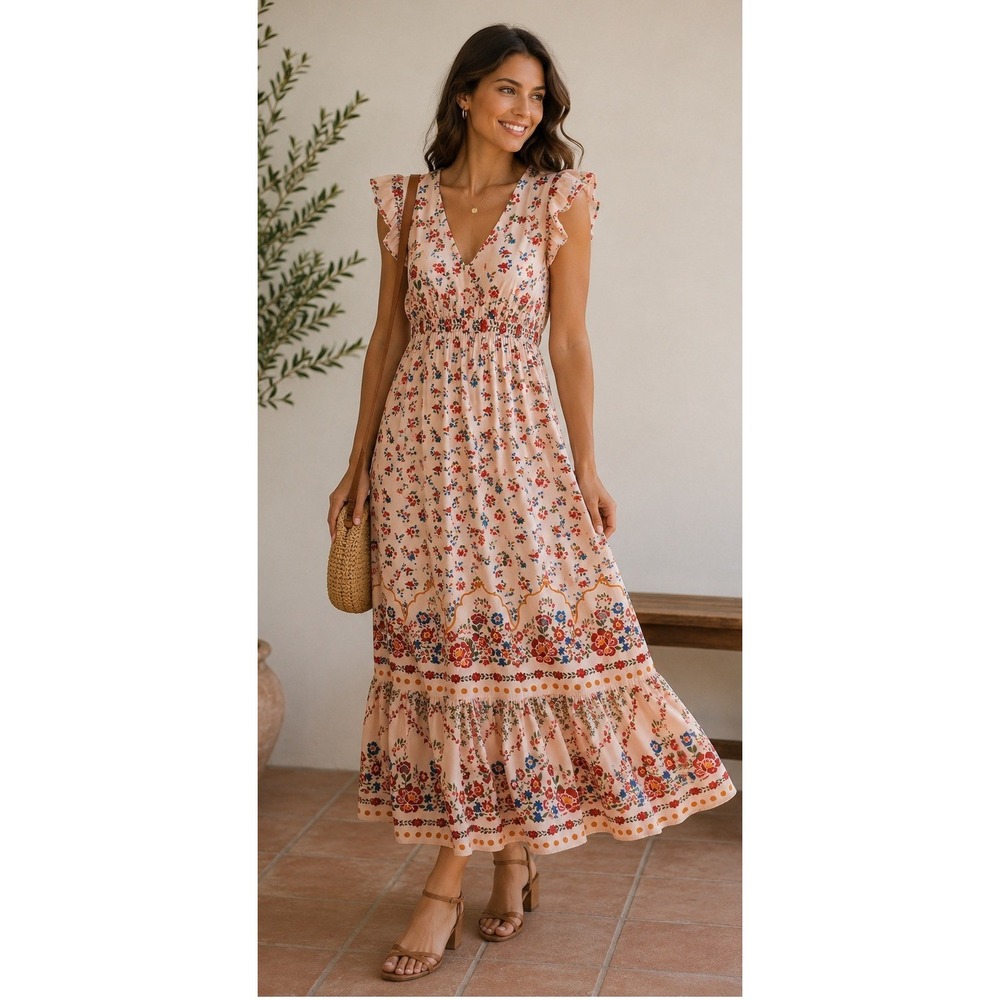 Celina Moon Floral V-Neck Maxi Dress Flutter Sleeve Tiered L Cottagecore Boho